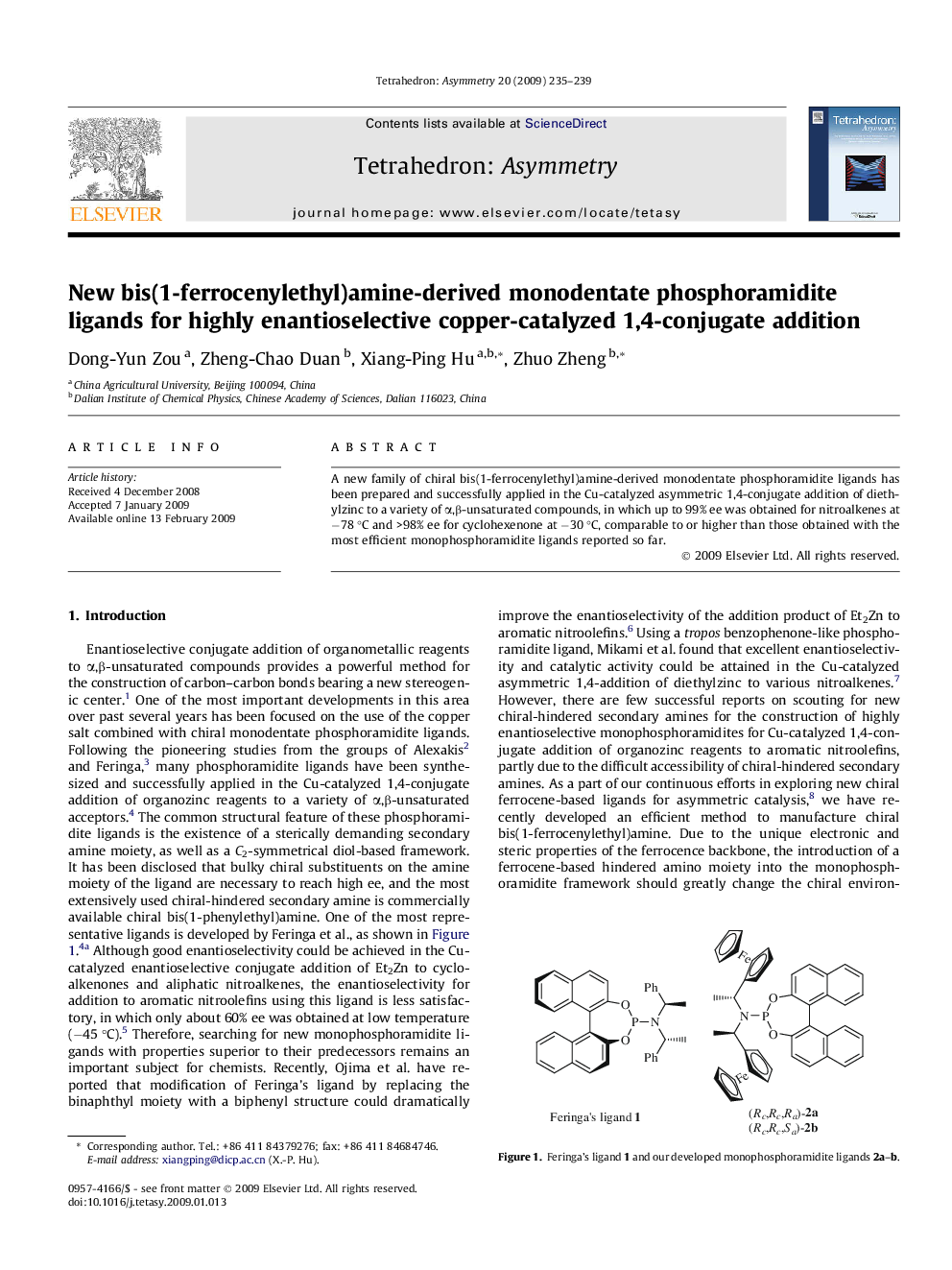 New bis(1-ferrocenylethyl)amine-derived monodentate phosphoramidite ligands for highly enantioselective copper-catalyzed 1,4-conjugate addition