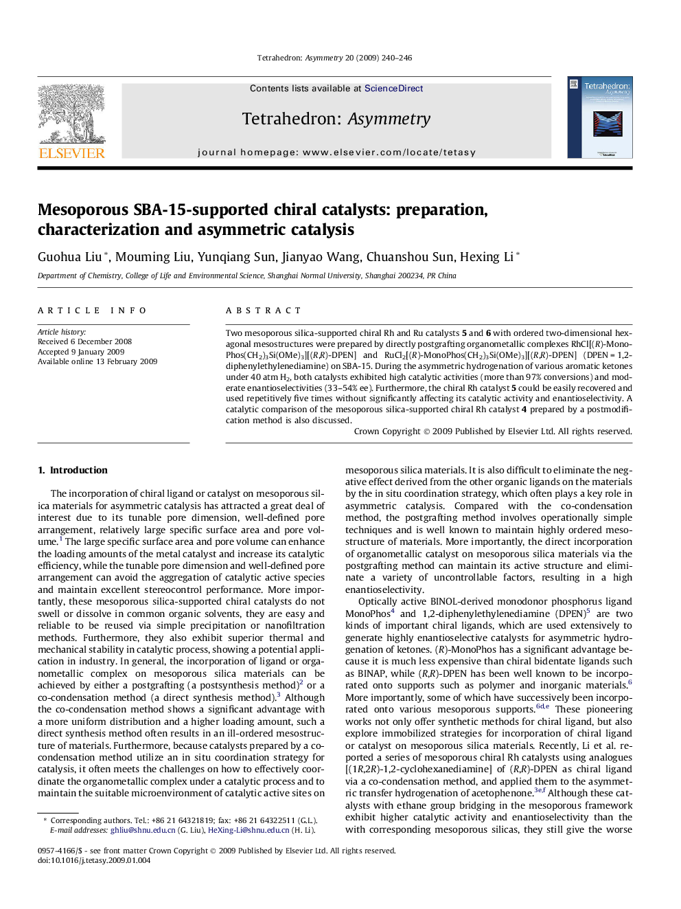 Mesoporous SBA-15-supported chiral catalysts: preparation, characterization and asymmetric catalysis