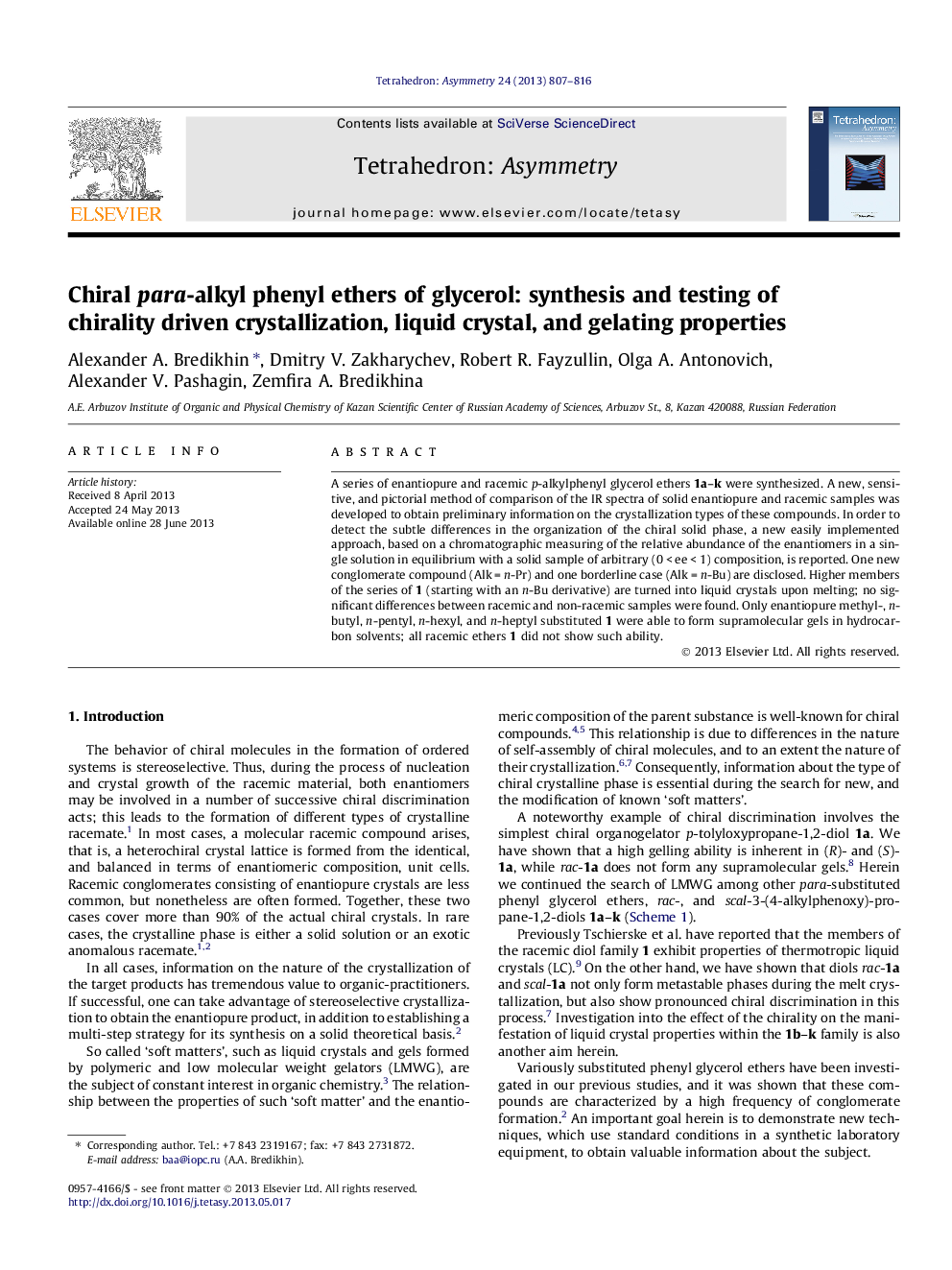 Chiral para-alkyl phenyl ethers of glycerol: synthesis and testing of chirality driven crystallization, liquid crystal, and gelating properties
