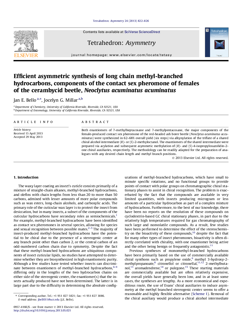 Efficient asymmetric synthesis of long chain methyl-branched hydrocarbons, components of the contact sex pheromone of females of the cerambycid beetle, Neoclytus acuminatus acuminatus