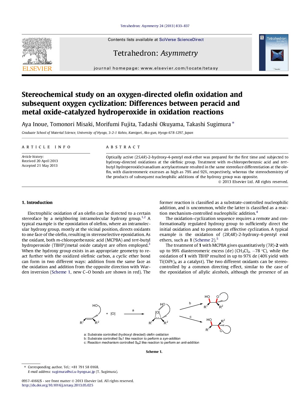 Stereochemical study on an oxygen-directed olefin oxidation and subsequent oxygen cyclization: Differences between peracid and metal oxide-catalyzed hydroperoxide in oxidation reactions