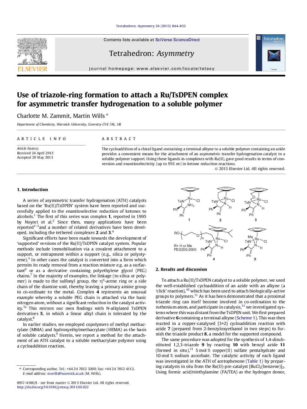 Use of triazole-ring formation to attach a Ru/TsDPEN complex for asymmetric transfer hydrogenation to a soluble polymer