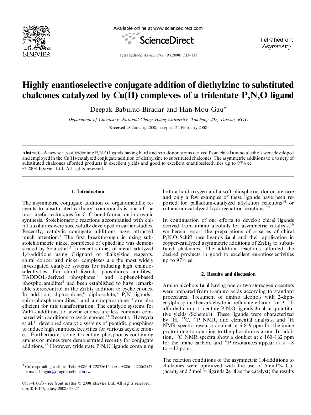 Highly enantioselective conjugate addition of diethylzinc to substituted chalcones catalyzed by Cu(II) complexes of a tridentate P,N,O ligand