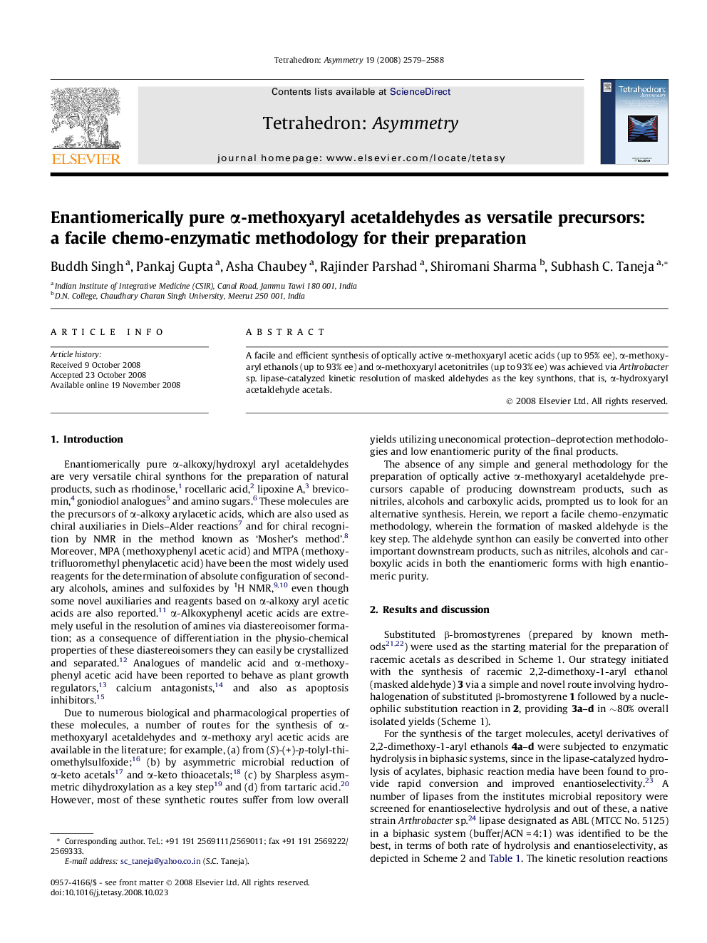 Enantiomerically pure α-methoxyaryl acetaldehydes as versatile precursors: a facile chemo-enzymatic methodology for their preparation