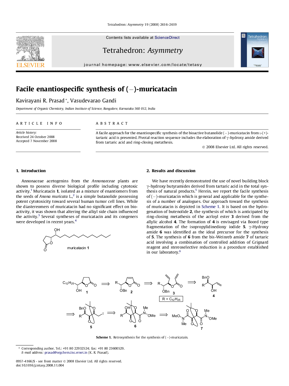 Facile enantiospecific synthesis of (−)-muricatacin