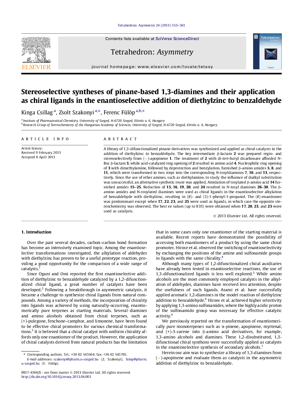 Stereoselective syntheses of pinane-based 1,3-diamines and their application as chiral ligands in the enantioselective addition of diethylzinc to benzaldehyde