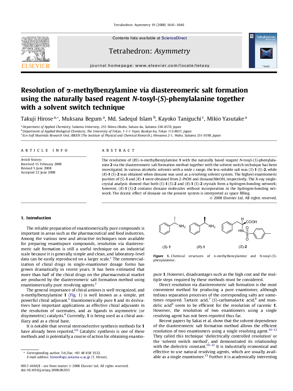 Resolution of α-methylbenzylamine via diastereomeric salt formation using the naturally based reagent N-tosyl-(S)-phenylalanine together with a solvent switch technique
