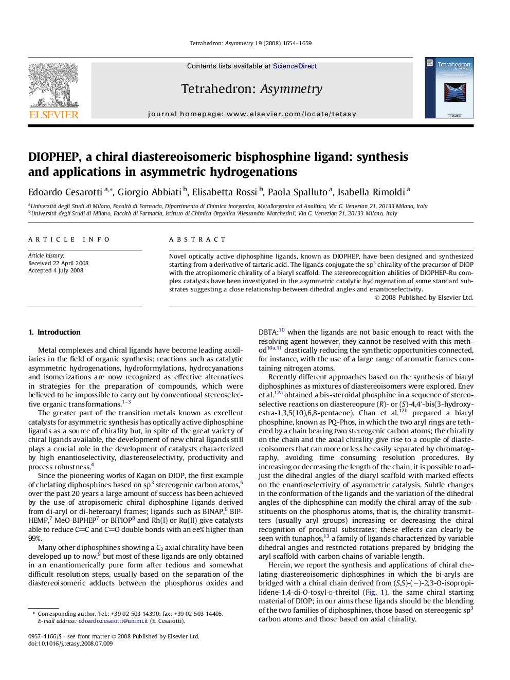 DIOPHEP, a chiral diastereoisomeric bisphosphine ligand: synthesis and applications in asymmetric hydrogenations