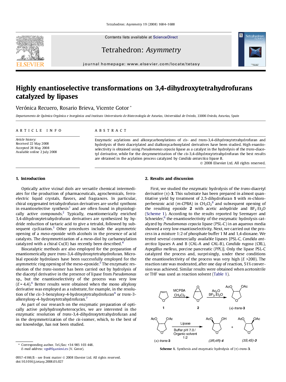 Highly enantioselective transformations on 3,4-dihydroxytetrahydrofurans catalyzed by lipases