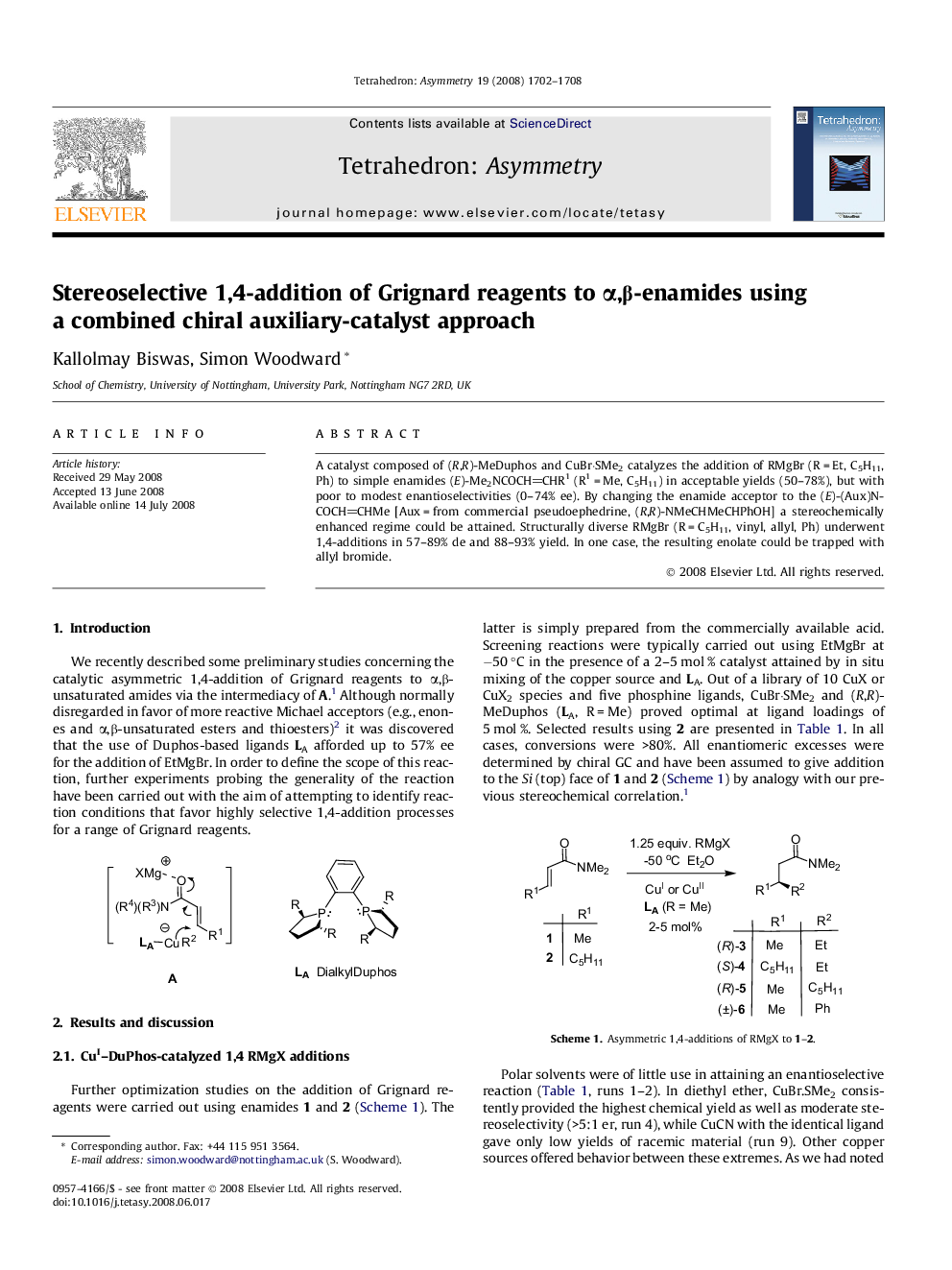 Stereoselective 1,4-addition of Grignard reagents to α,β-enamides using a combined chiral auxiliary-catalyst approach