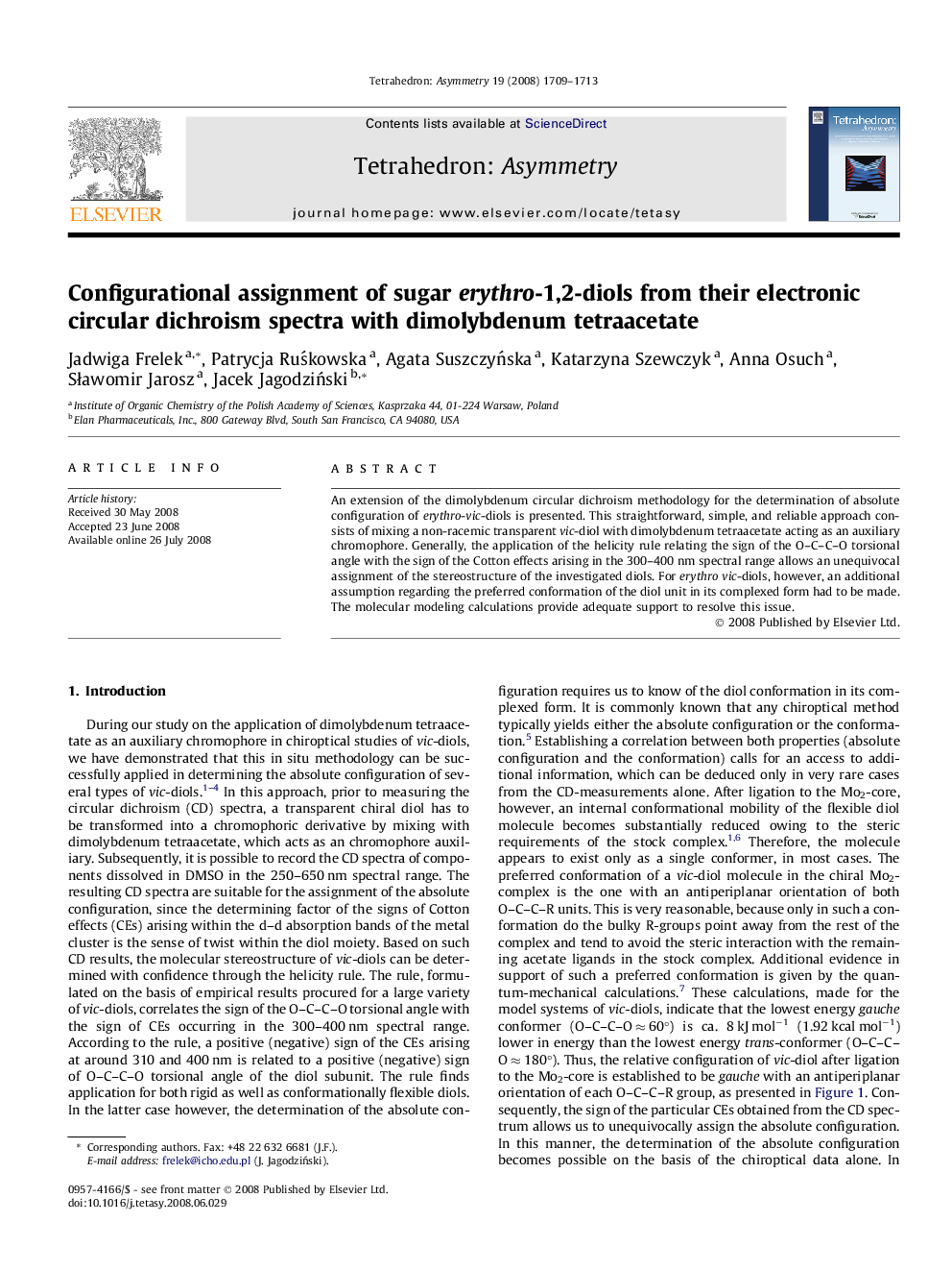 Configurational assignment of sugar erythro-1,2-diols from their electronic circular dichroism spectra with dimolybdenum tetraacetate