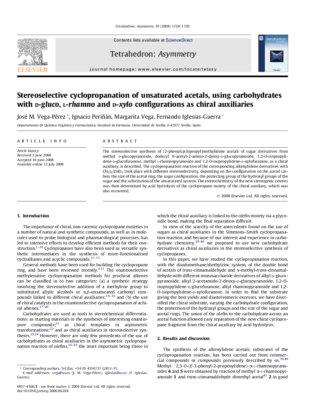 Stereoselective cyclopropanation of unsaturated acetals, using carbohydrates with d-gluco, l-rhamno and d-xylo configurations as chiral auxiliaries