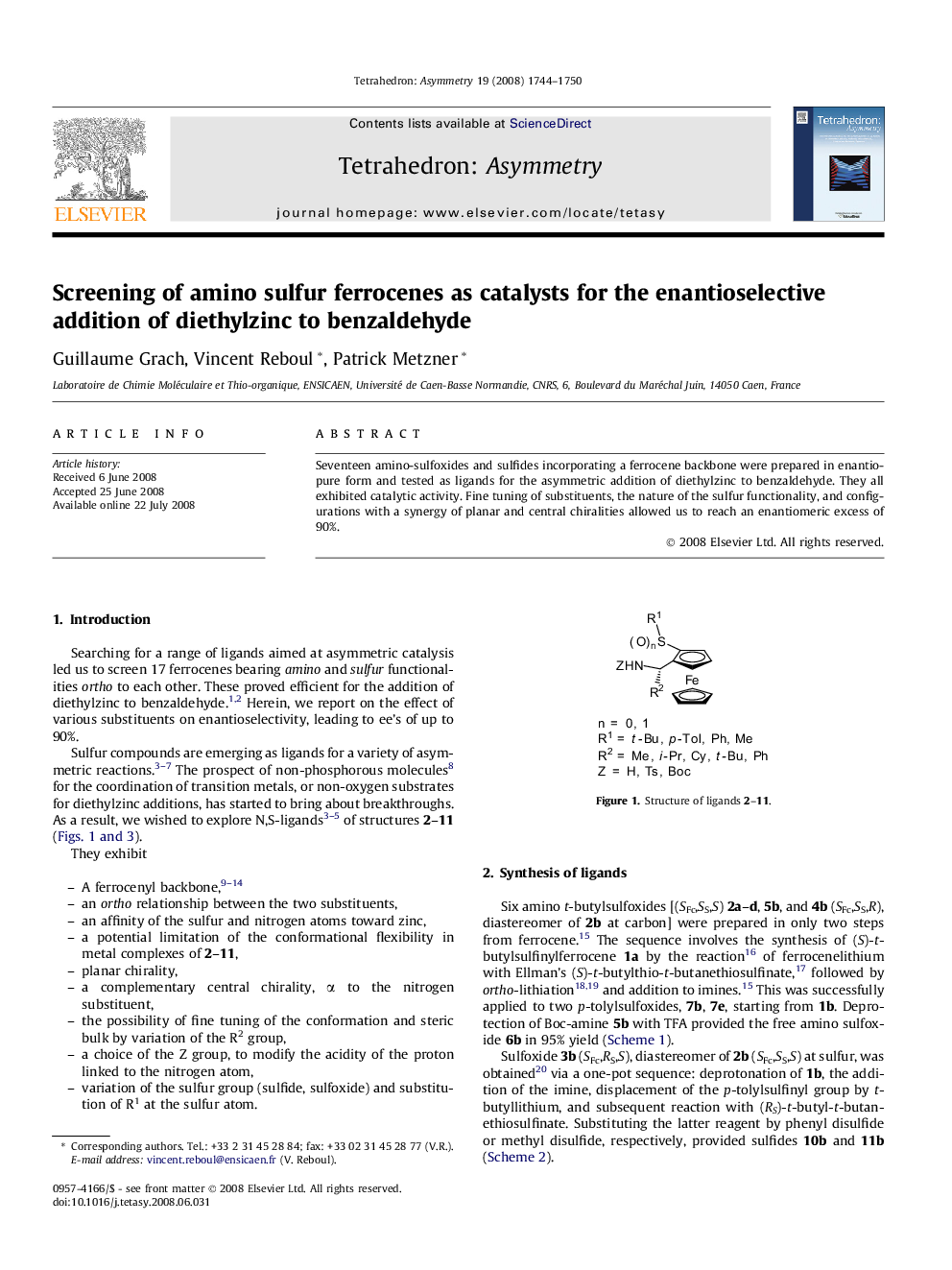 Screening of amino sulfur ferrocenes as catalysts for the enantioselective addition of diethylzinc to benzaldehyde