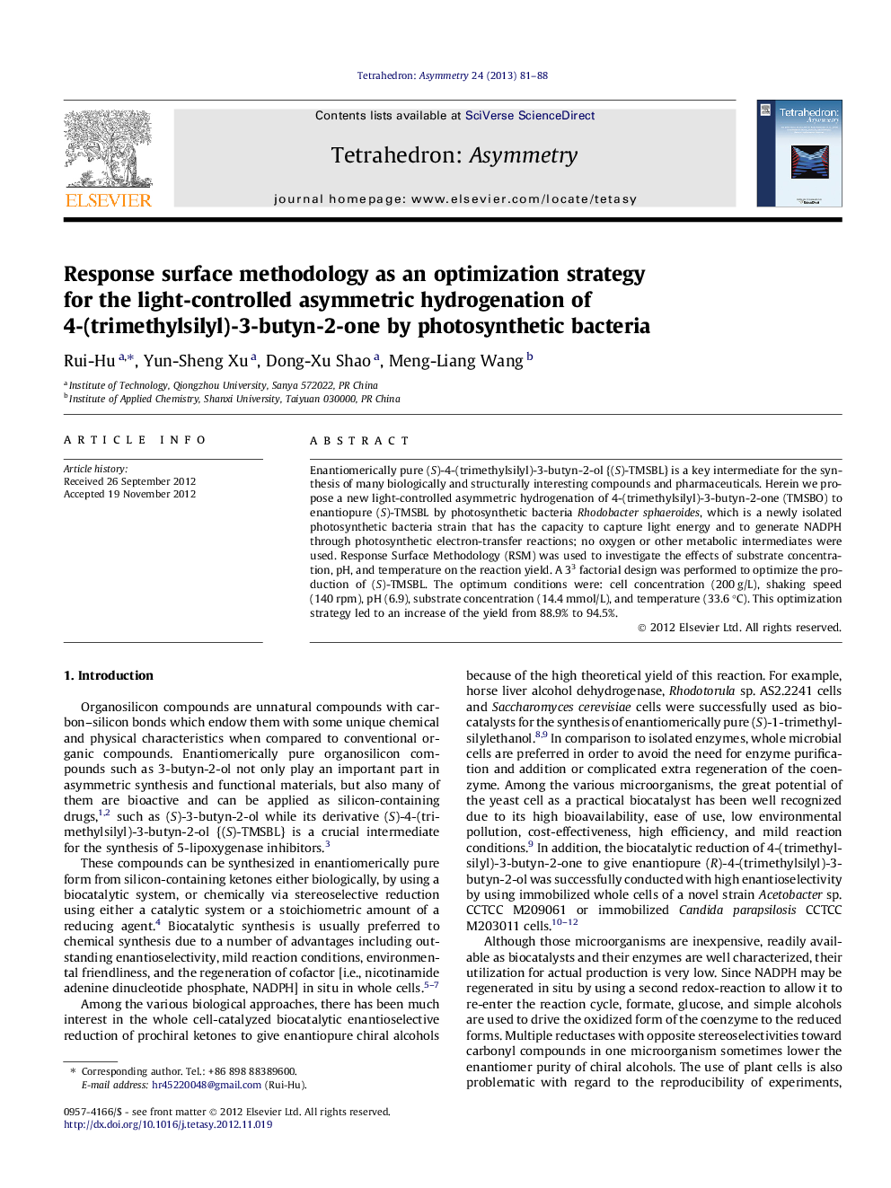 Response surface methodology as an optimization strategy for the light-controlled asymmetric hydrogenation of 4-(trimethylsilyl)-3-butyn-2-one by photosynthetic bacteria