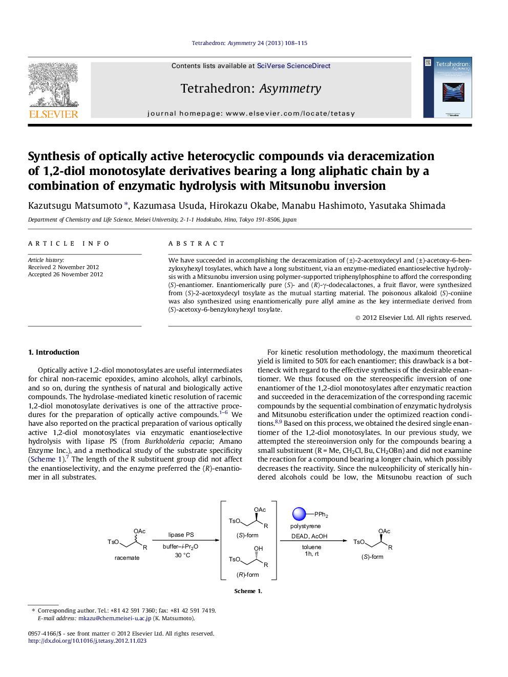 Synthesis of optically active heterocyclic compounds via deracemization of 1,2-diol monotosylate derivatives bearing a long aliphatic chain by a combination of enzymatic hydrolysis with Mitsunobu inversion