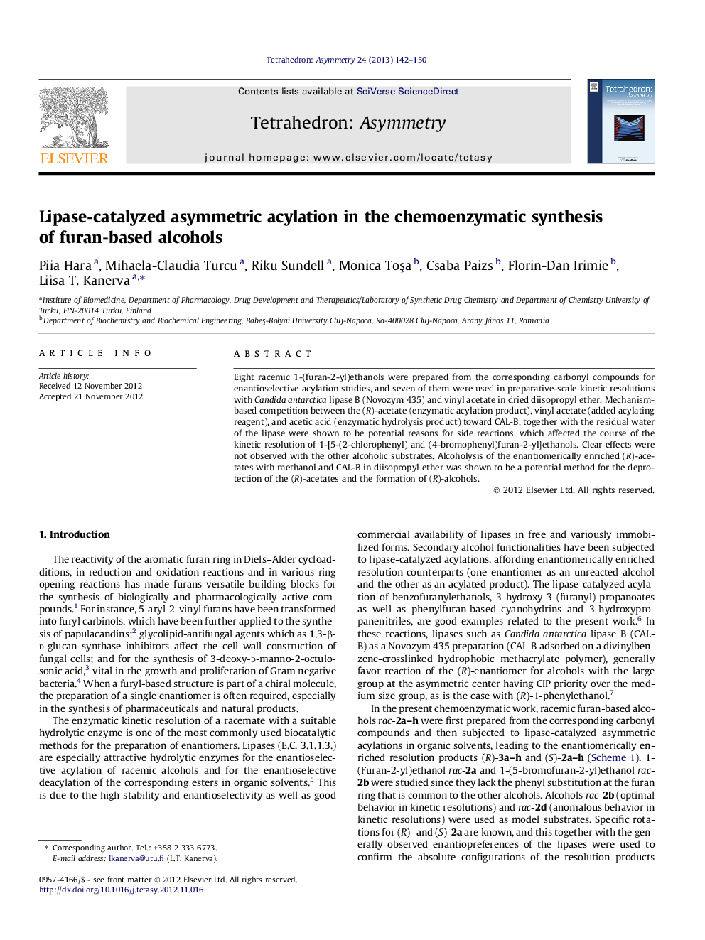 Lipase-catalyzed asymmetric acylation in the chemoenzymatic synthesis of furan-based alcohols