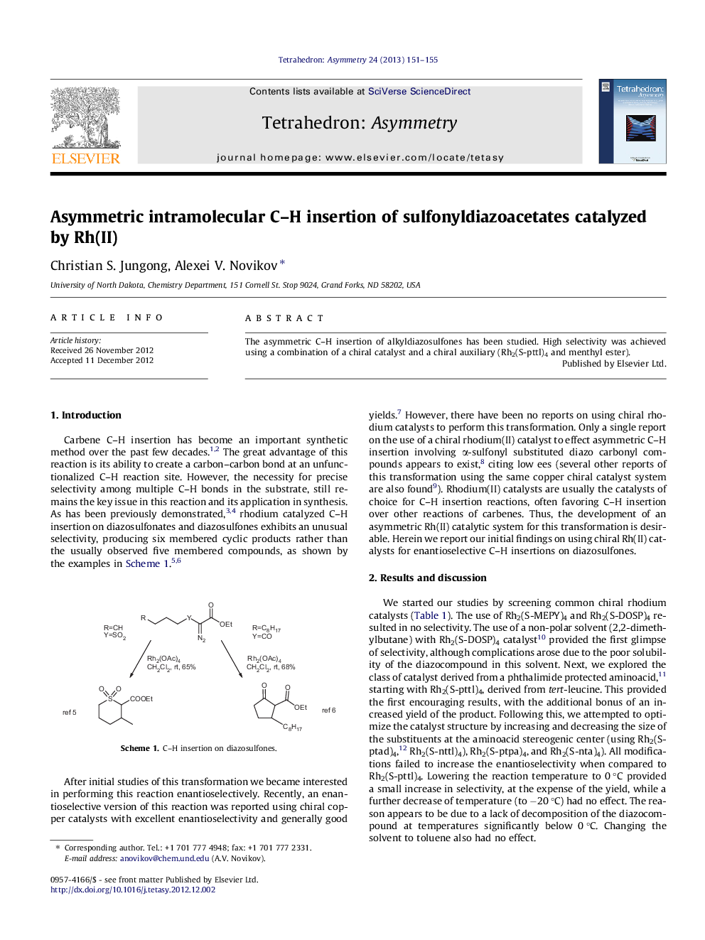 Asymmetric intramolecular C–H insertion of sulfonyldiazoacetates catalyzed by Rh(II)