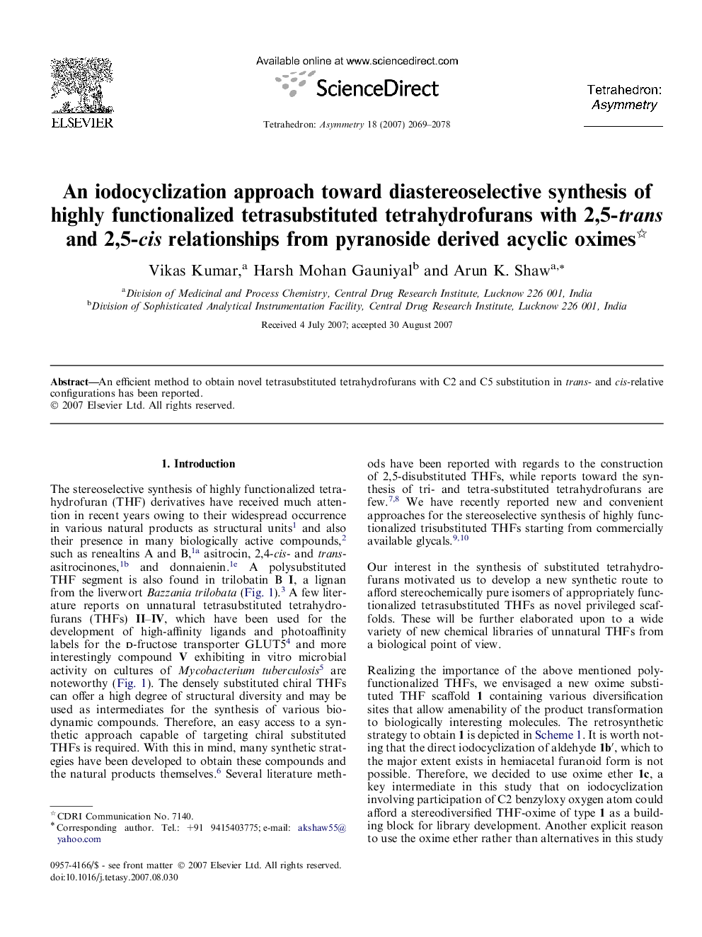 An iodocyclization approach toward diastereoselective synthesis of highly functionalized tetrasubstituted tetrahydrofurans with 2,5-trans and 2,5-cis relationships from pyranoside derived acyclic oximes 