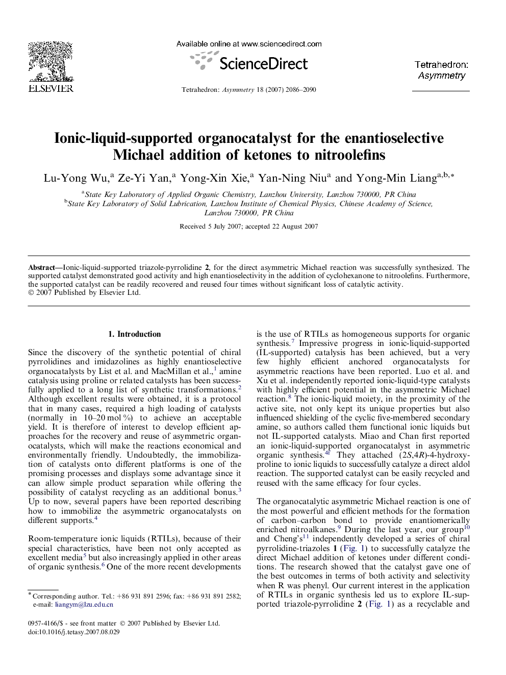 Ionic-liquid-supported organocatalyst for the enantioselective Michael addition of ketones to nitroolefins