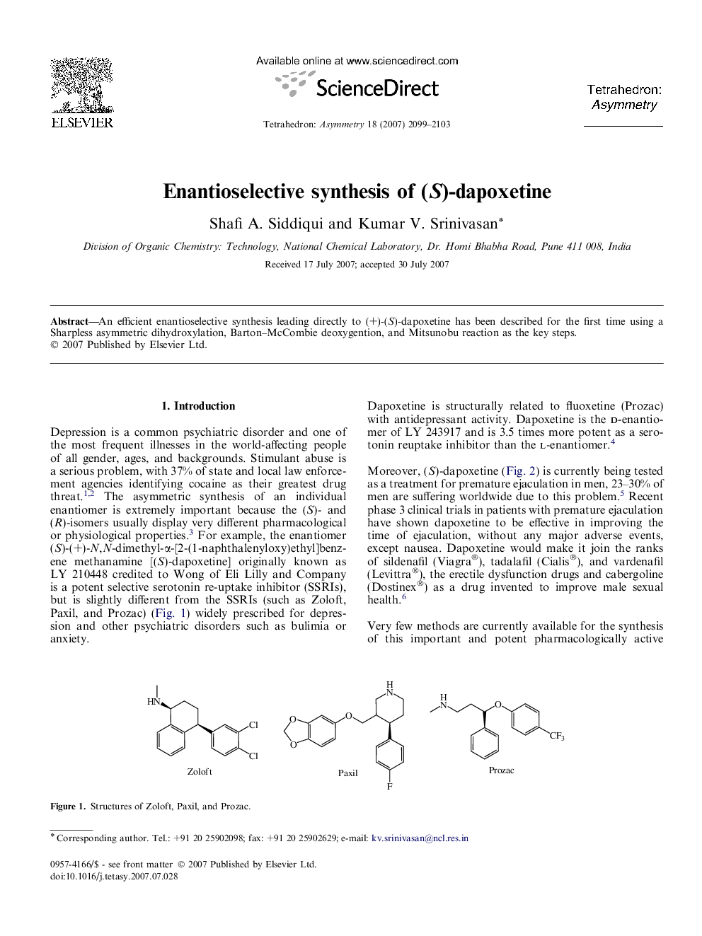 Enantioselective synthesis of (S)-dapoxetine