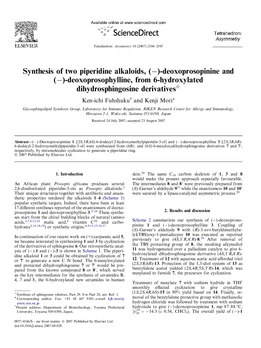 عکس صفحه اول مقاله: Synthesis of two piperidine alkaloids, (−)-deoxoprosopinine and (−)-deoxoprosophylline, from 6-hydroxylated dihydrosphingosine derivatives Synthesis of two piperidine alkaloids, (−)-deoxoprosopinine and (−)-deoxoprosophylline, from 6-hydroxylated dihydrosphingosine derivatives