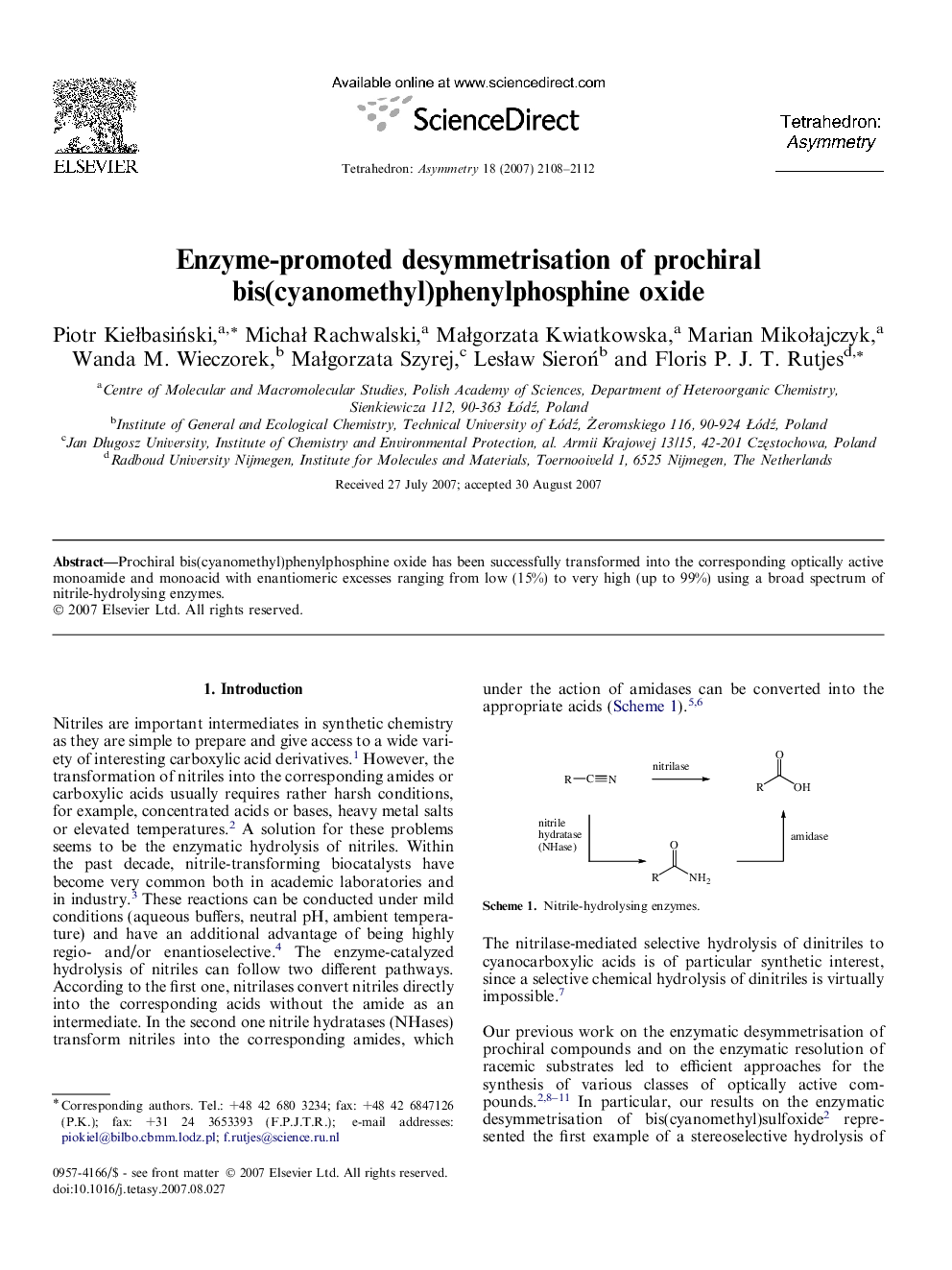 Enzyme-promoted desymmetrisation of prochiral bis(cyanomethyl)phenylphosphine oxide