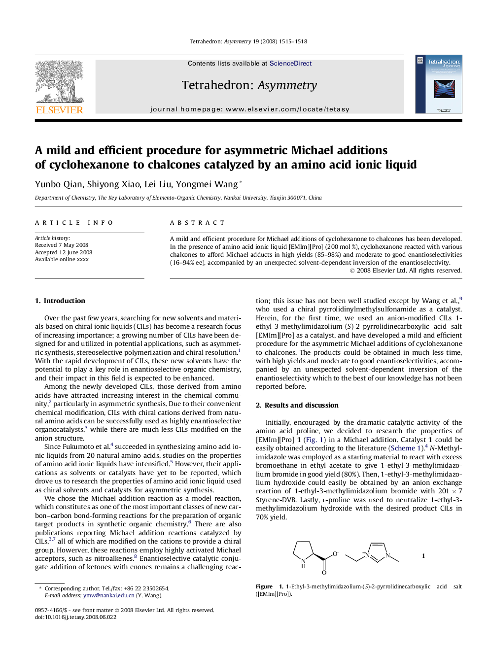 A mild and efficient procedure for asymmetric Michael additions of cyclohexanone to chalcones catalyzed by an amino acid ionic liquid