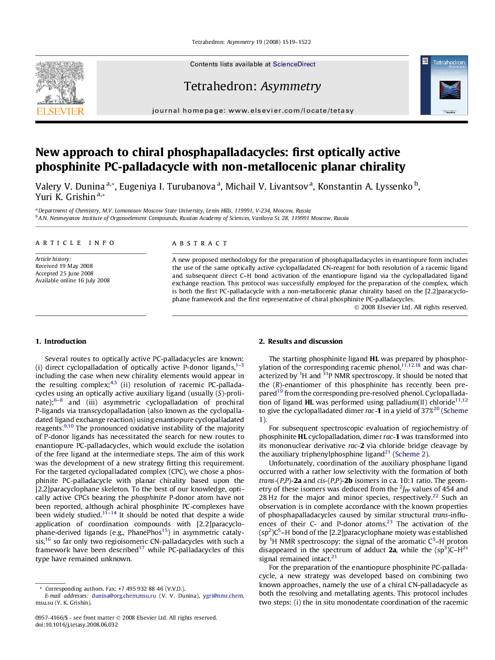 New approach to chiral phosphapalladacycles: first optically active phosphinite PC-palladacycle with non-metallocenic planar chirality
