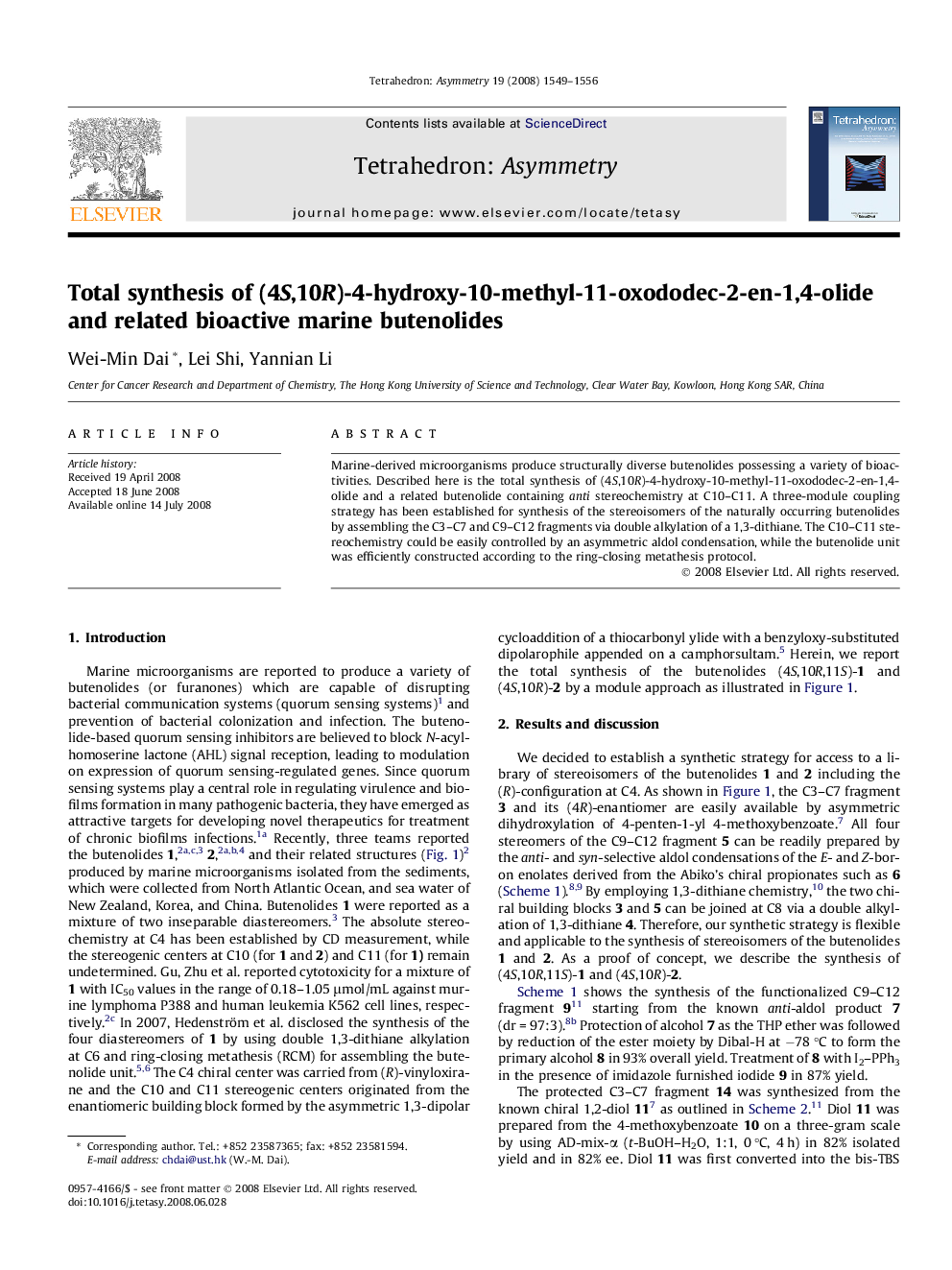 Total synthesis of (4S,10R)-4-hydroxy-10-methyl-11-oxododec-2-en-1,4-olide and related bioactive marine butenolides