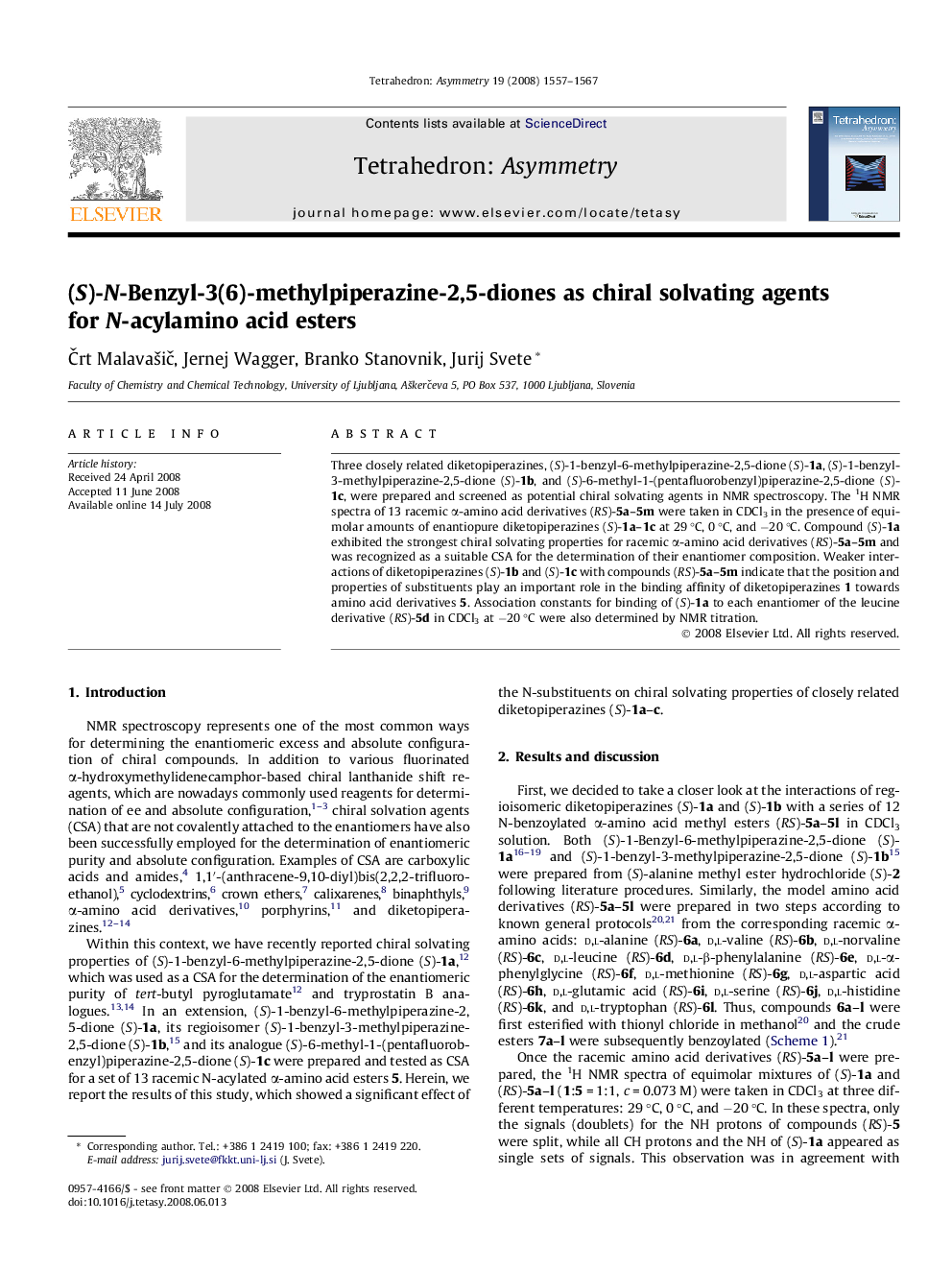 (S)-N-Benzyl-3(6)-methylpiperazine-2,5-diones as chiral solvating agents for N-acylamino acid esters