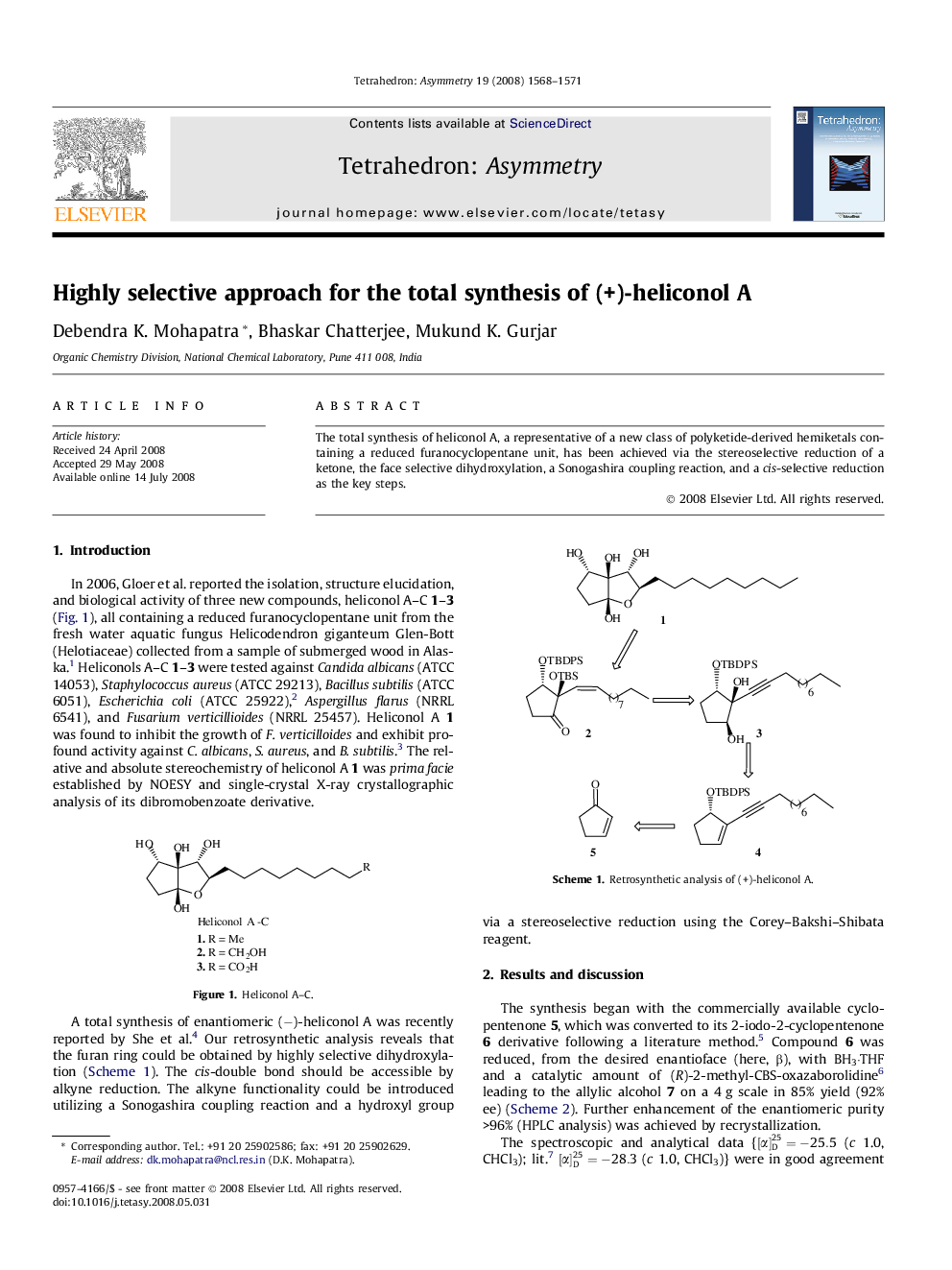 Highly selective approach for the total synthesis of (+)-heliconol A