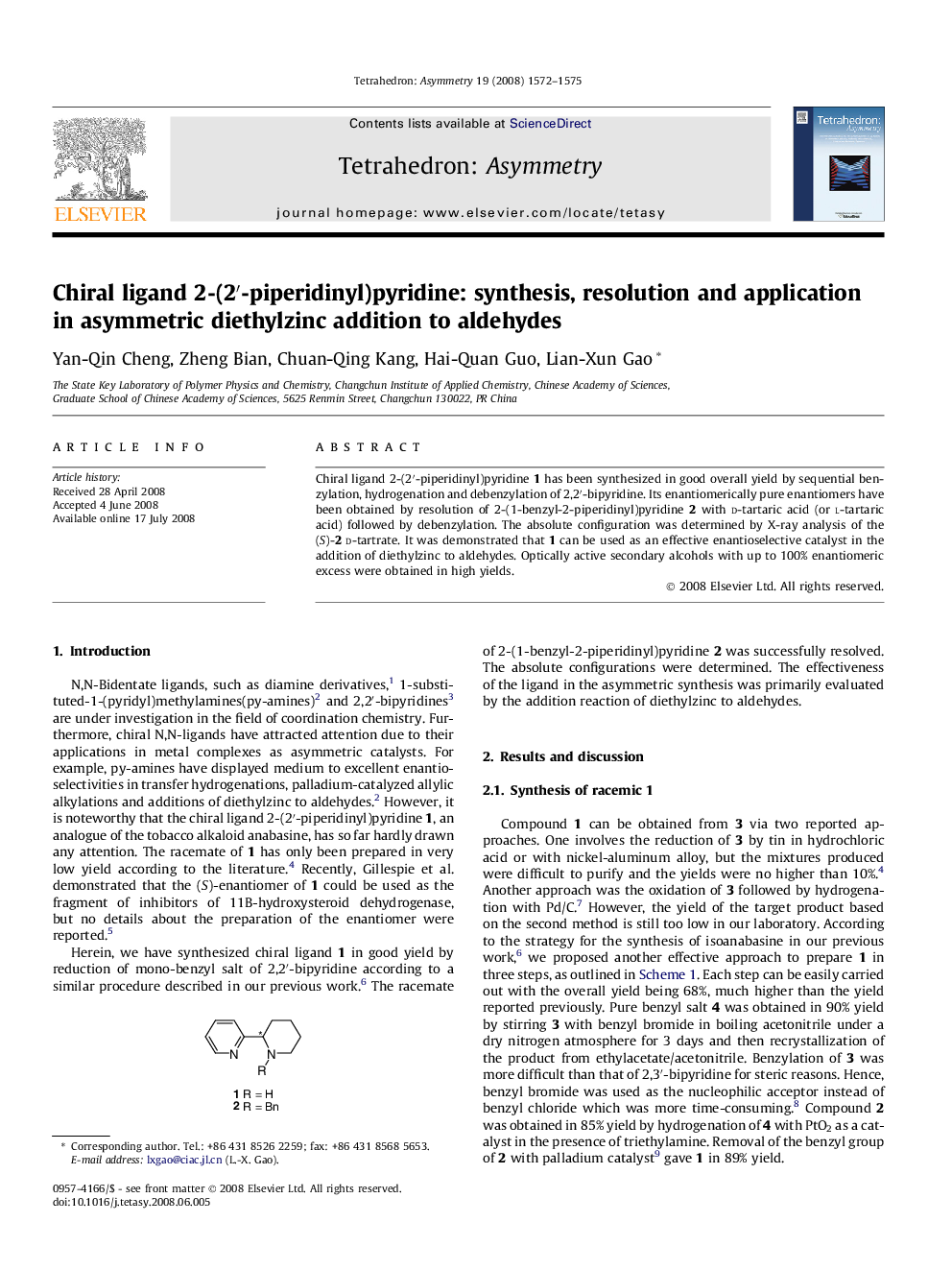 Chiral ligand 2-(2′-piperidinyl)pyridine: synthesis, resolution and application in asymmetric diethylzinc addition to aldehydes