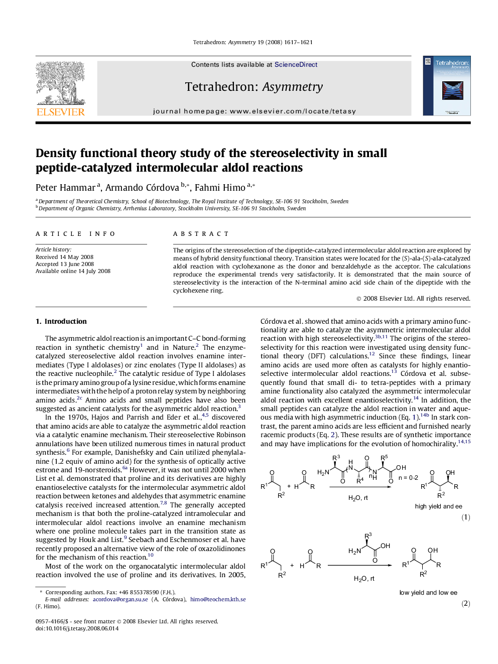 Density functional theory study of the stereoselectivity in small peptide-catalyzed intermolecular aldol reactions