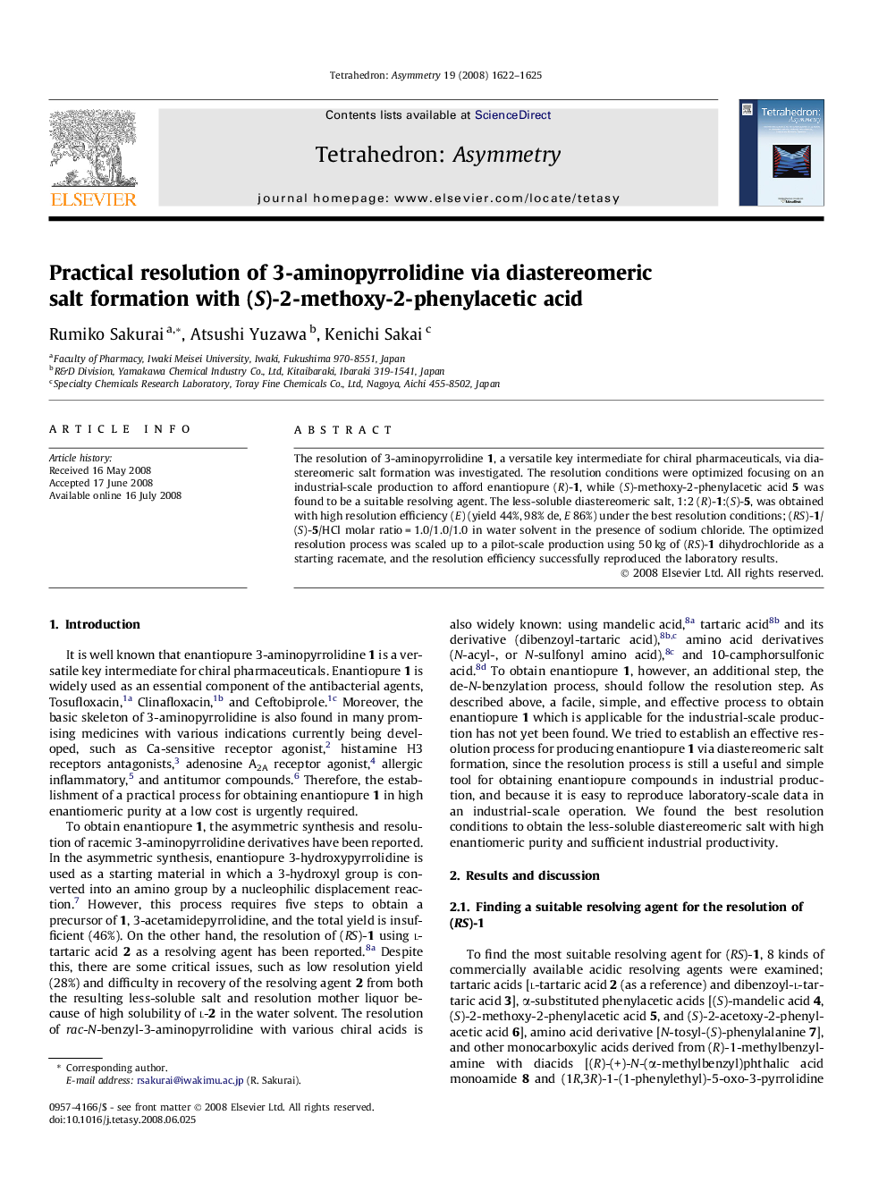 Practical resolution of 3-aminopyrrolidine via diastereomeric salt formation with (S)-2-methoxy-2-phenylacetic acid
