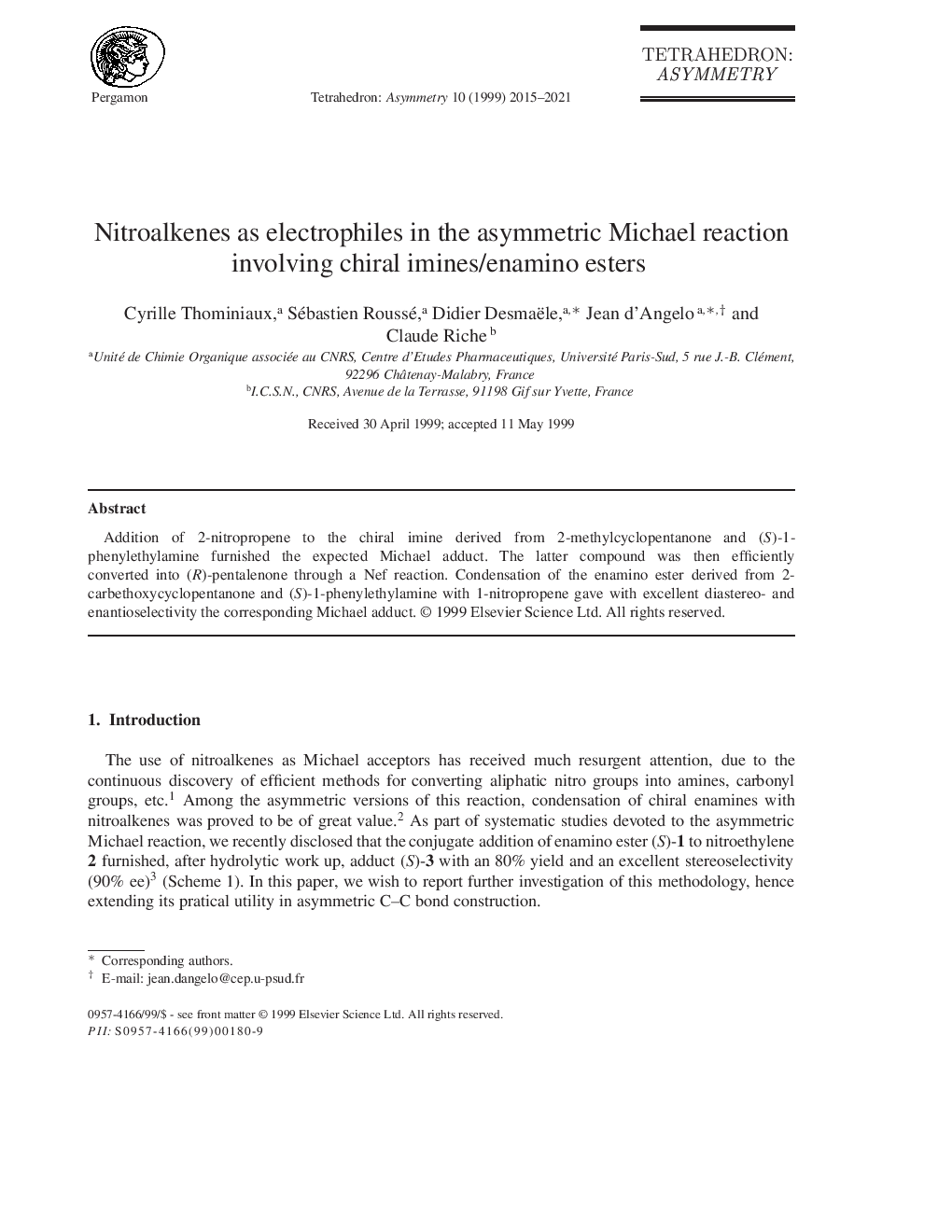 Nitroalkenes as electrophiles in the asymmetric Michael reaction involving chiral imines/enamino esters