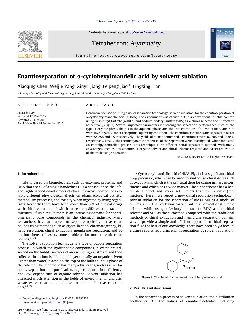 Enantioseparation of α-cyclohexylmandelic acid by solvent sublation