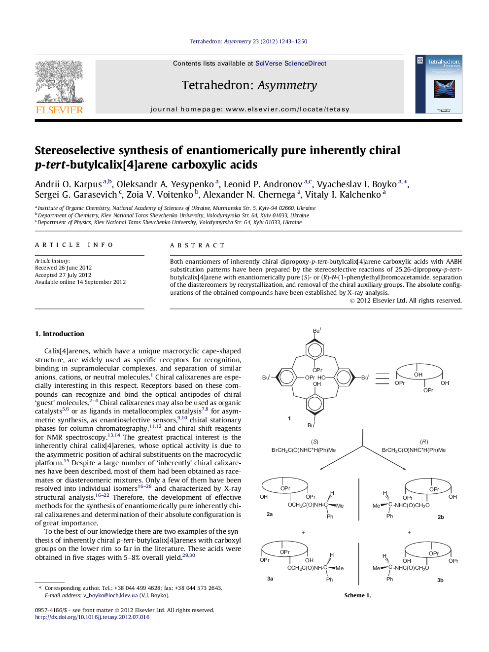 Stereoselective synthesis of enantiomerically pure inherently chiral p-tert-butylcalix[4]arene carboxylic acids