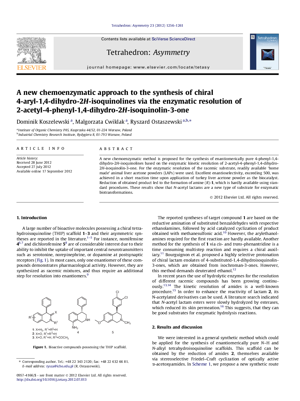 A new chemoenzymatic approach to the synthesis of chiral 4-aryl-1,4-dihydro-2H-isoquinolines via the enzymatic resolution of 2-acetyl-4-phenyl-1,4-dihydro-2H-isoquinolin-3-one