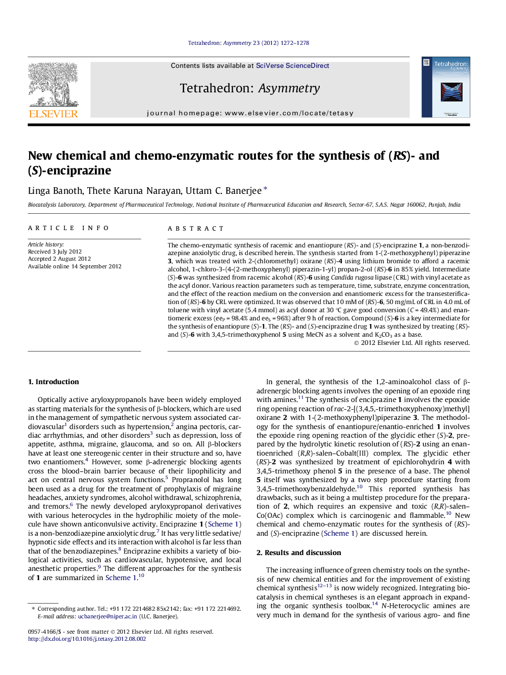 New chemical and chemo-enzymatic routes for the synthesis of (RS)- and (S)-enciprazine