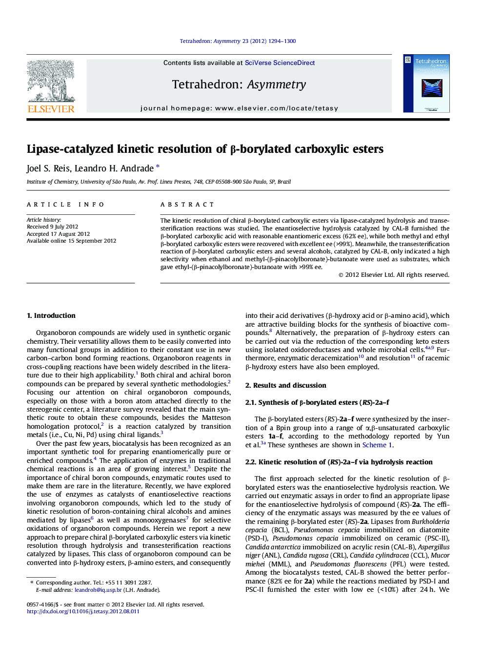 Lipase-catalyzed kinetic resolution of β-borylated carboxylic esters