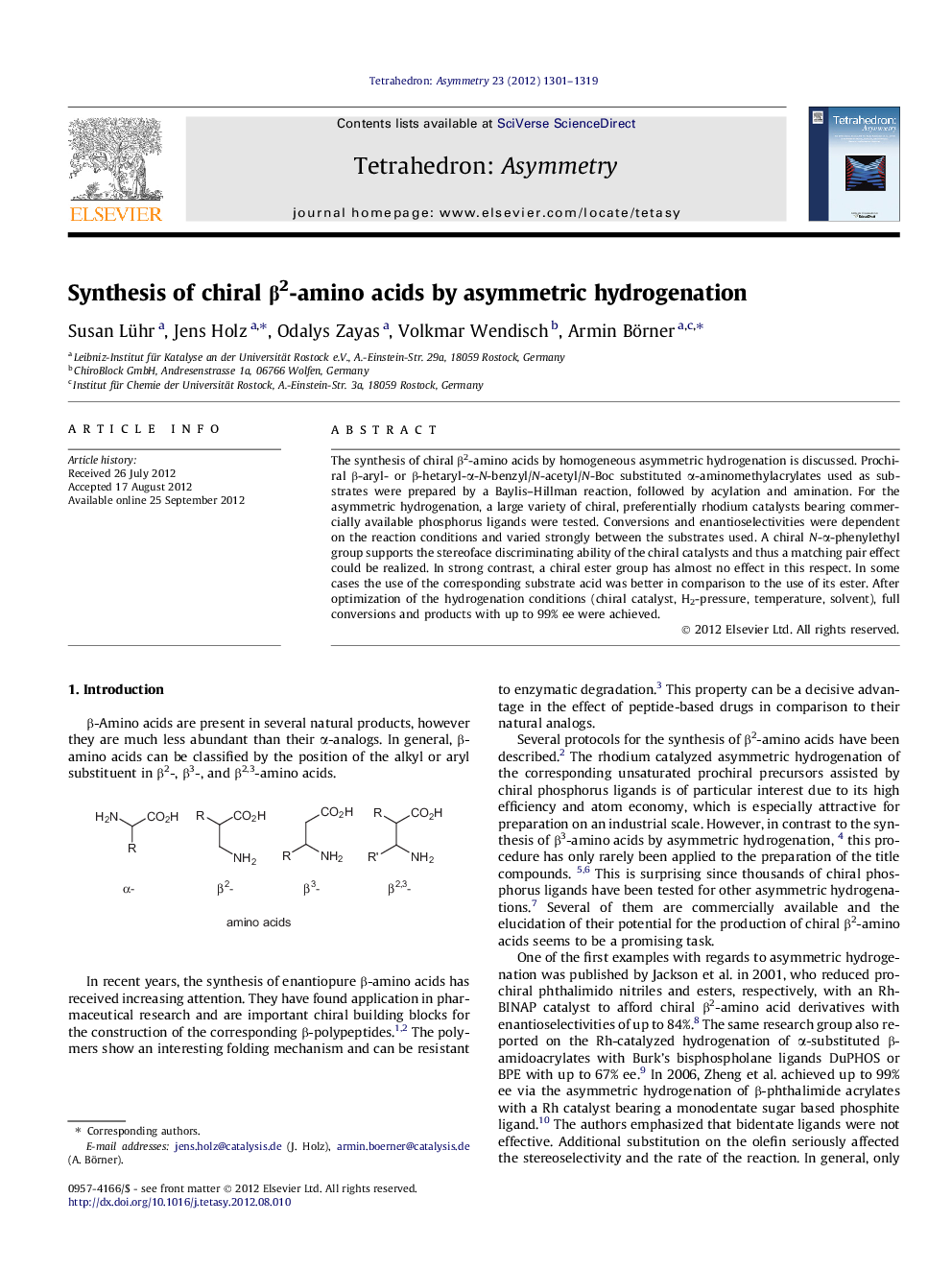 Synthesis of chiral β2-amino acids by asymmetric hydrogenation