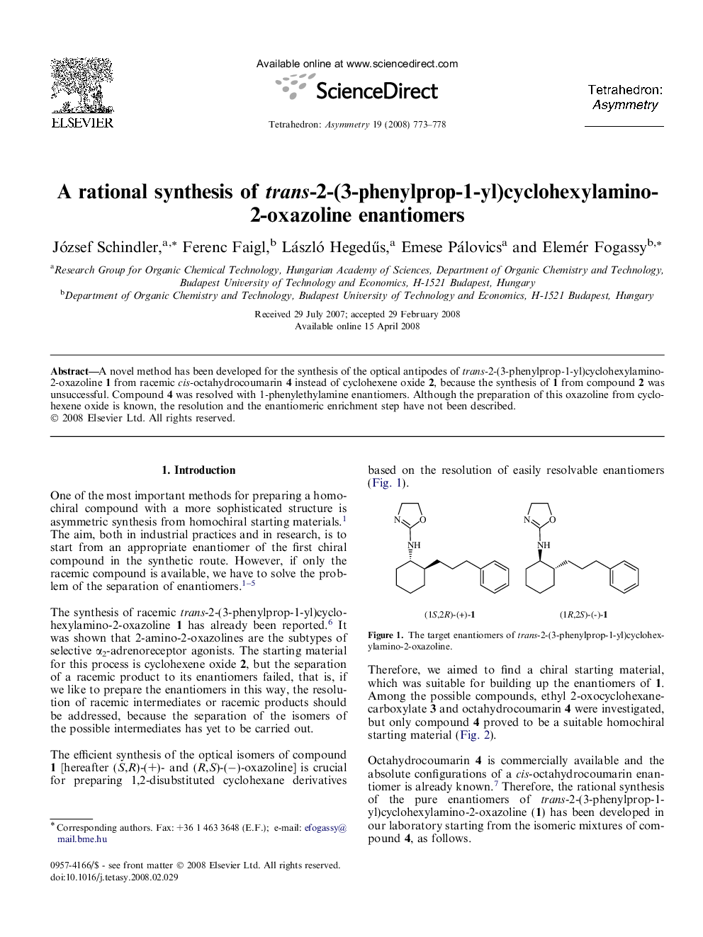 A rational synthesis of trans-2-(3-phenylprop-1-yl)cyclohexylamino-2-oxazoline enantiomers