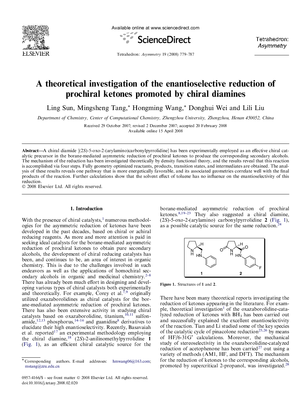 A theoretical investigation of the enantioselective reduction of prochiral ketones promoted by chiral diamines