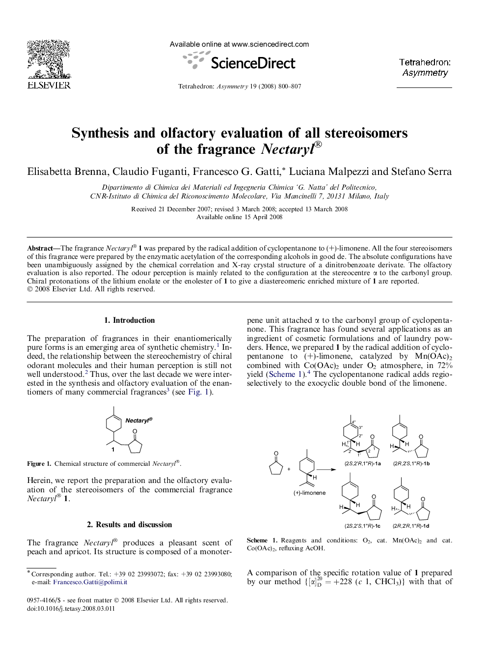 Synthesis and olfactory evaluation of all stereoisomers of the fragrance Nectaryl®