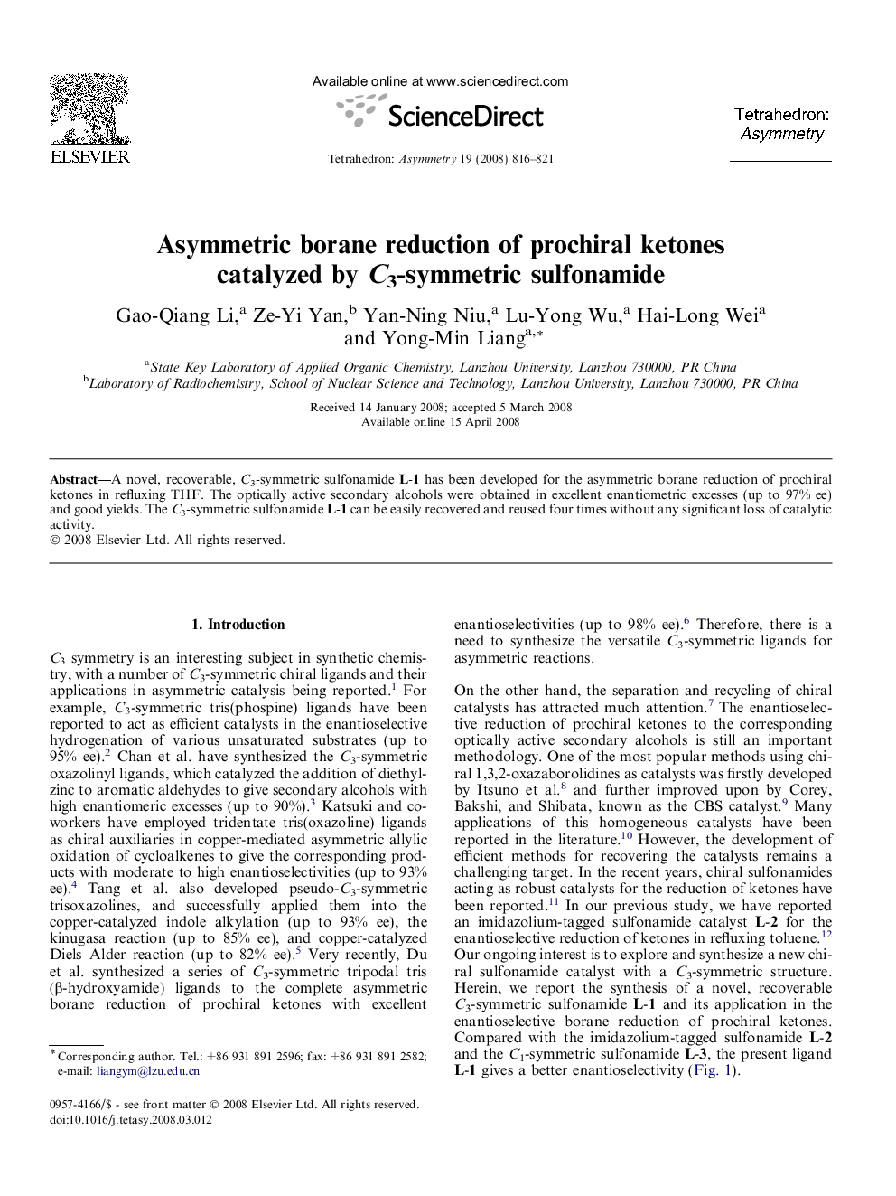 Asymmetric borane reduction of prochiral ketones catalyzed by C3-symmetric sulfonamide