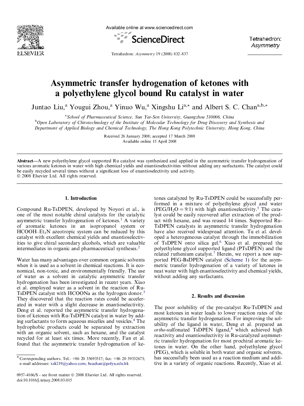 Asymmetric transfer hydrogenation of ketones with a polyethylene glycol bound Ru catalyst in water