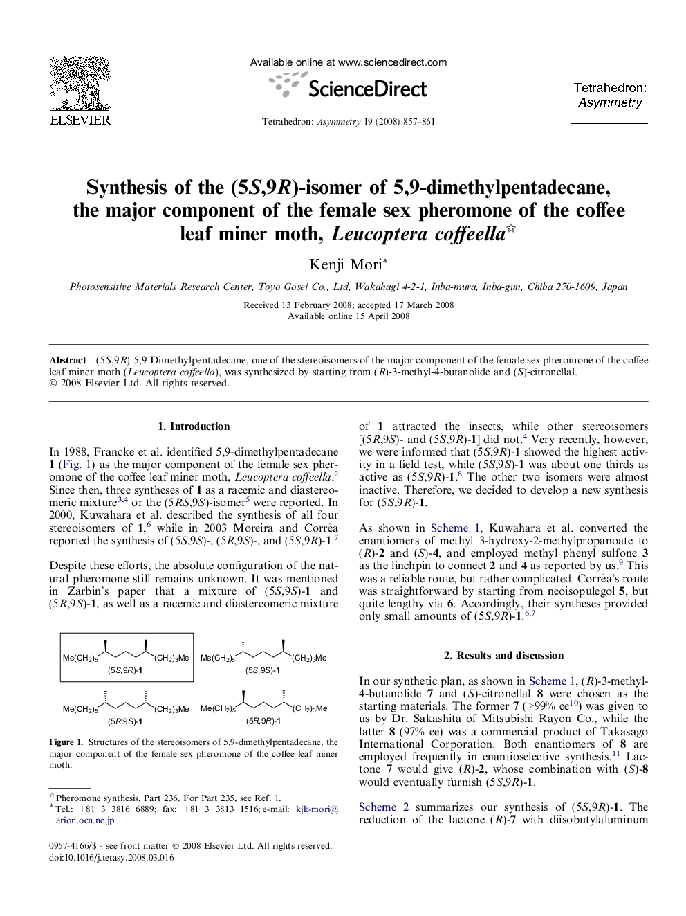 Synthesis of the (5S,9R)-isomer of 5,9-dimethylpentadecane, the major component of the female sex pheromone of the coffee leaf miner moth, Leucoptera coffeella 