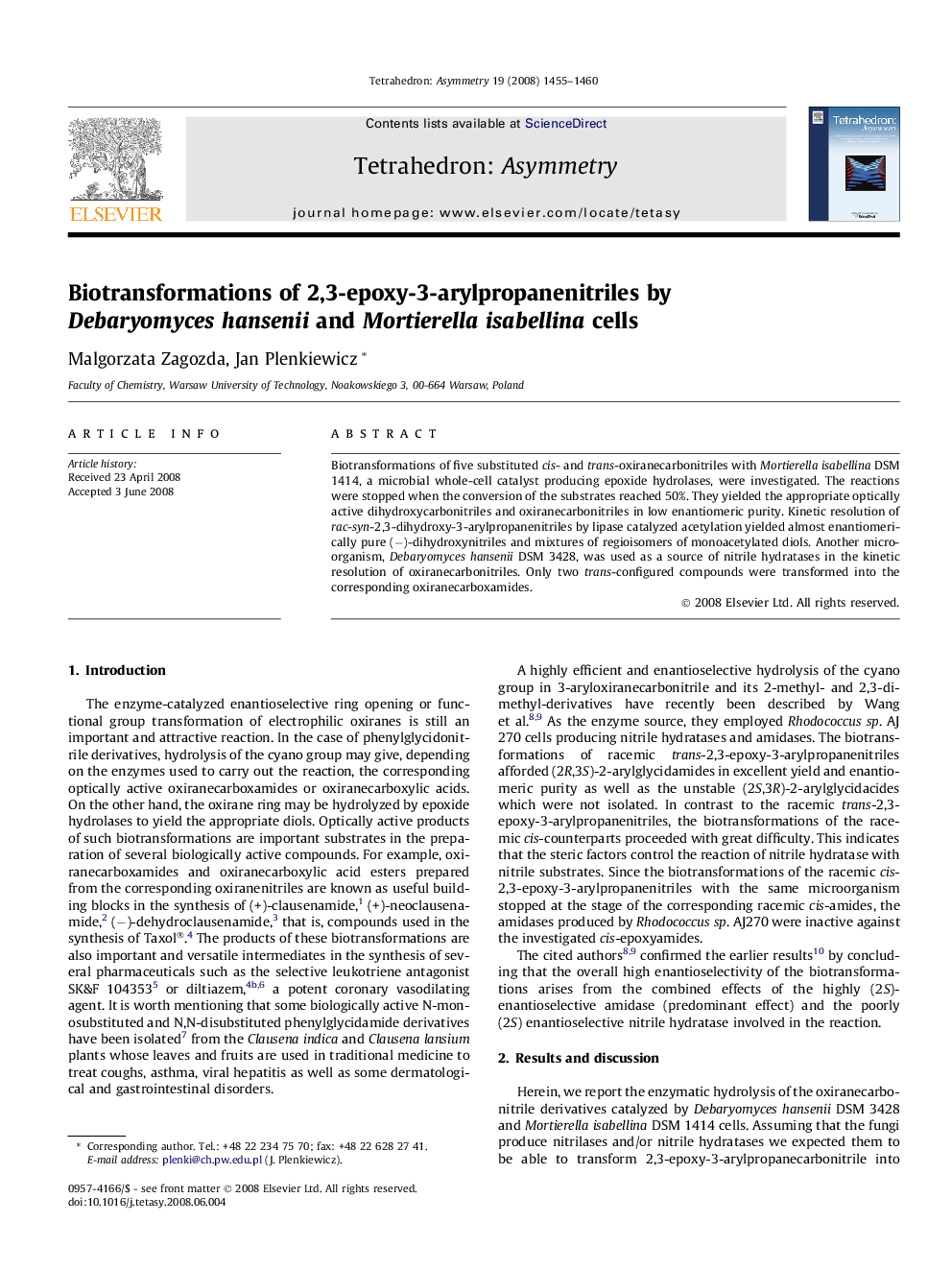 Biotransformations of 2,3-epoxy-3-arylpropanenitriles by Debaryomyces hansenii and Mortierella isabellina cells