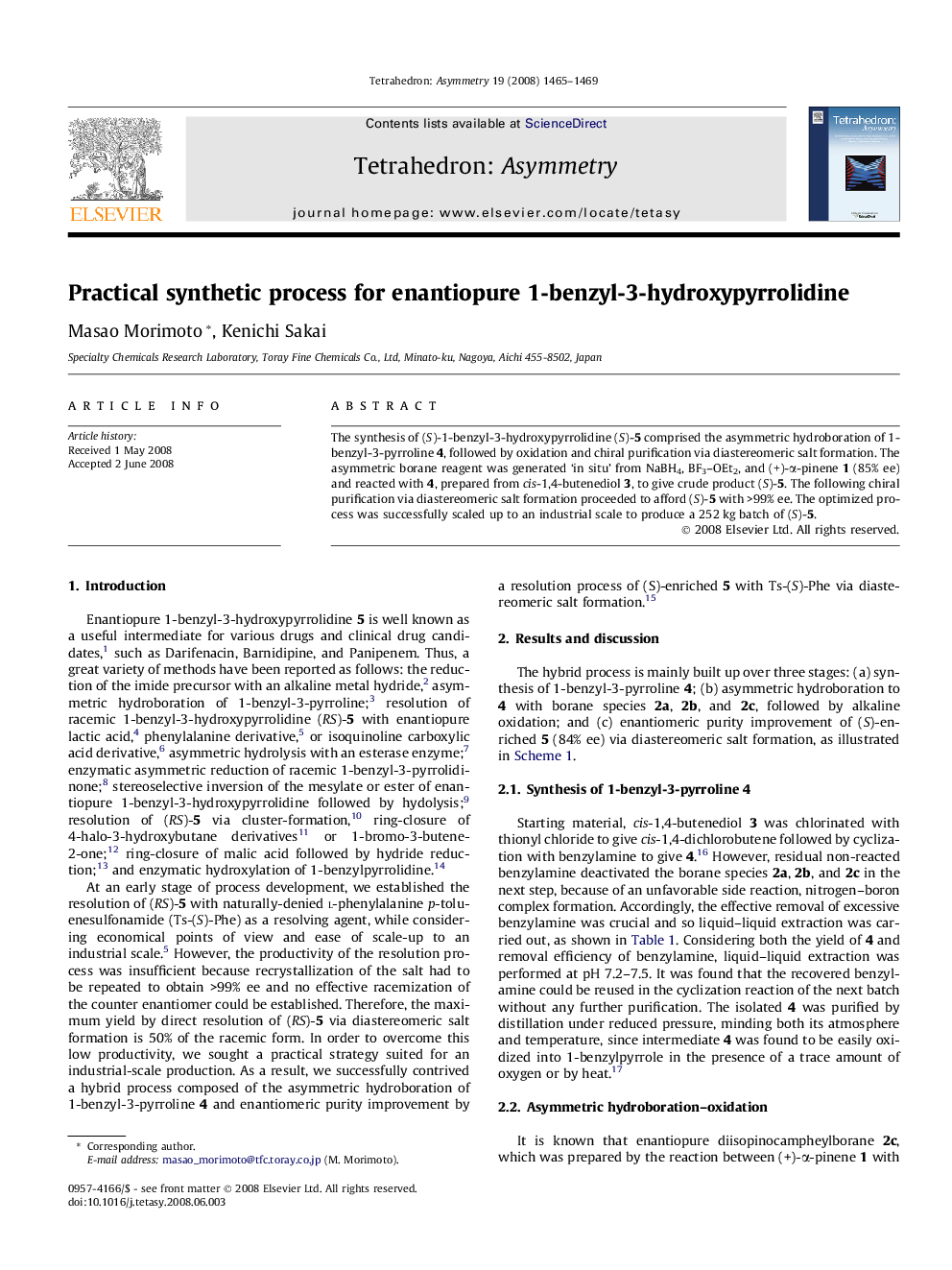 Practical synthetic process for enantiopure 1-benzyl-3-hydroxypyrrolidine