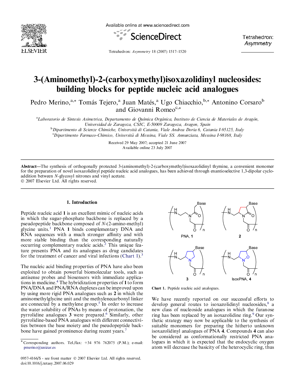 3-(Aminomethyl)-2-(carboxymethyl)isoxazolidinyl nucleosides: building blocks for peptide nucleic acid analogues